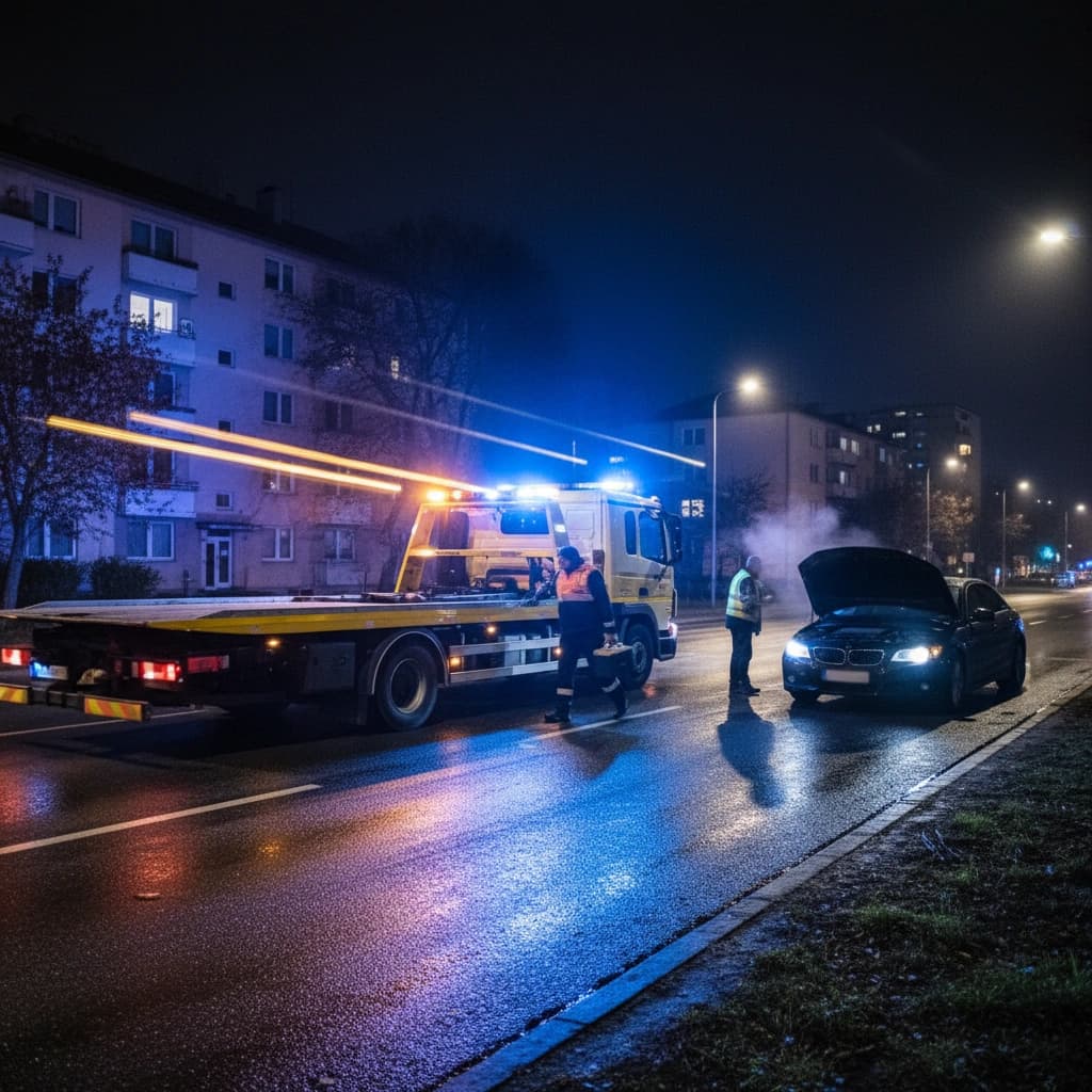 Generated image: Night scene of a car breakdown with a towing truck arriving quickly, lights illuminating the road, p...