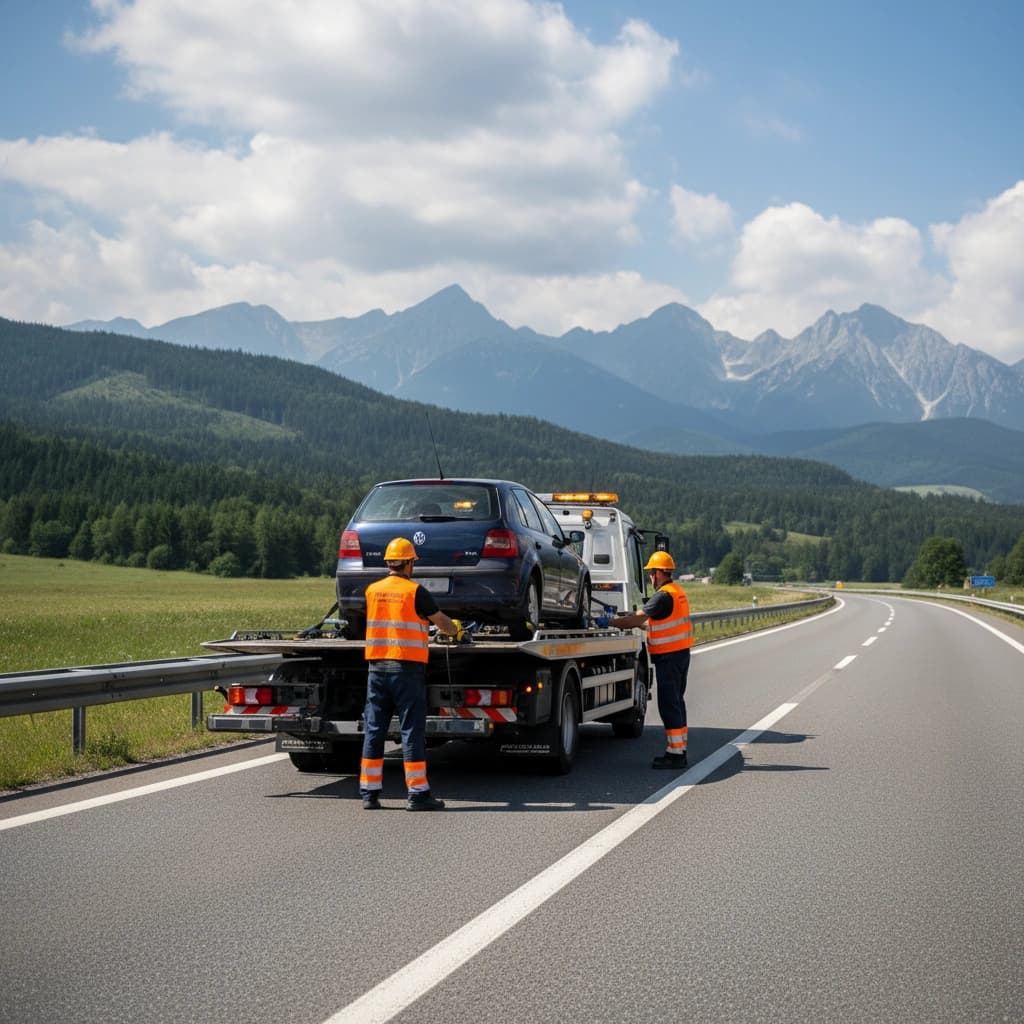 Generated image: Realistic photo of a car being towed on a highway during daytime, professional towing team in action...