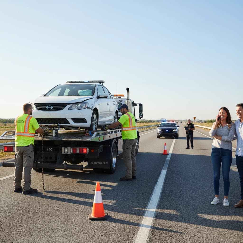 Generated image: Urgent towing after a minor car accident on the road, satisfied client in the background, profession...